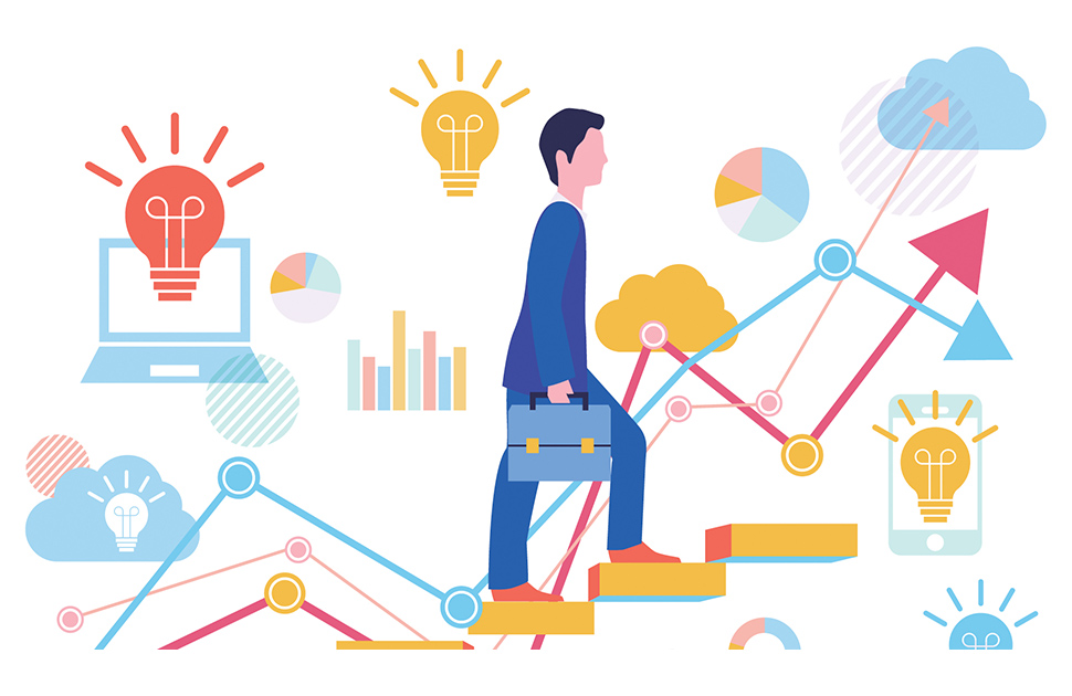 Man Climbing Stairs with Ideas