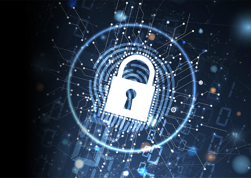 Lock icon floating with digital icons.