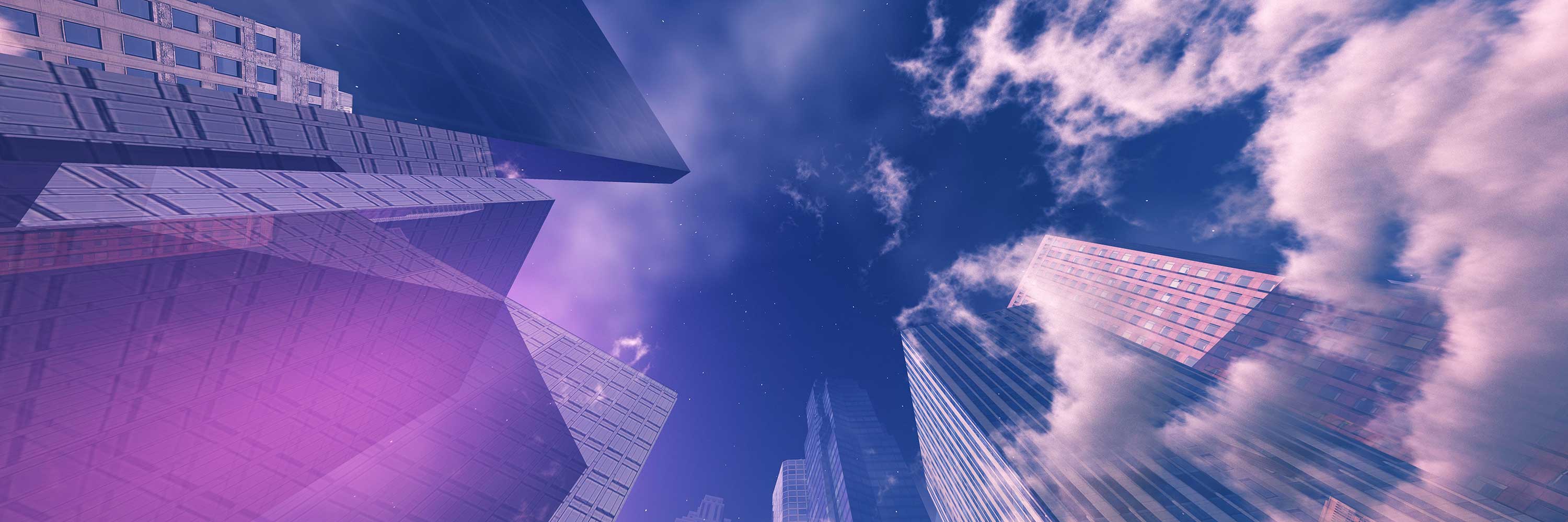 Sky-up view of a digital city.
