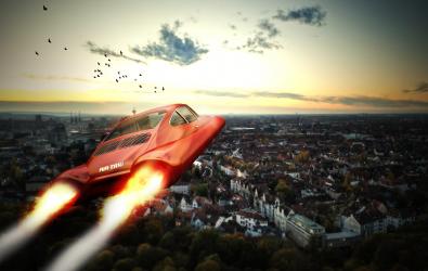 Car flying fast over a cityscape, jet engines streaming flames, technology in flight.