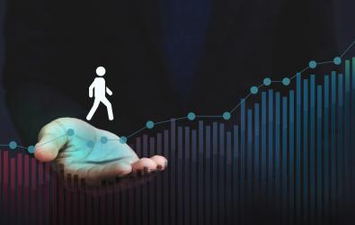 Illustration of figure walking from a human hand along a uphill touchpoint path.