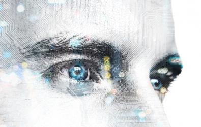 Artificial intelligence concept of male face customer and circuit board