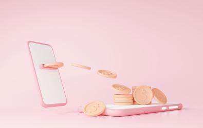 Illustration of mobile phone dispensing coins on top of another mobile phone.