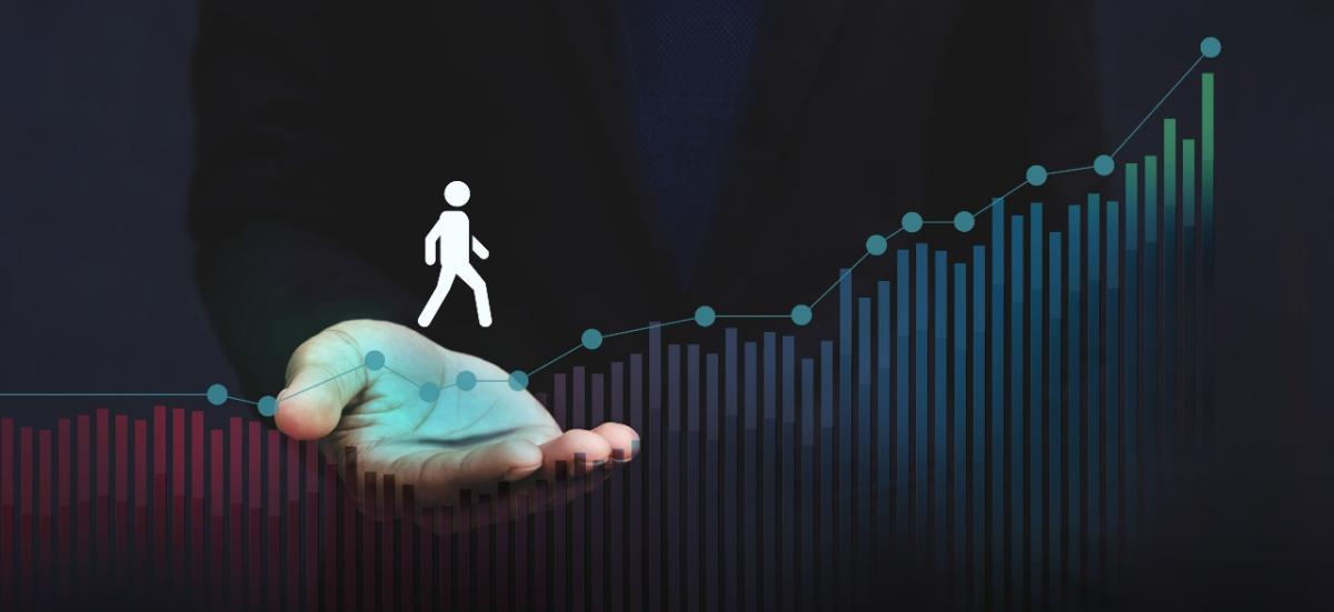 Illustration of figure walking from a human hand along a uphill touchpoint path.