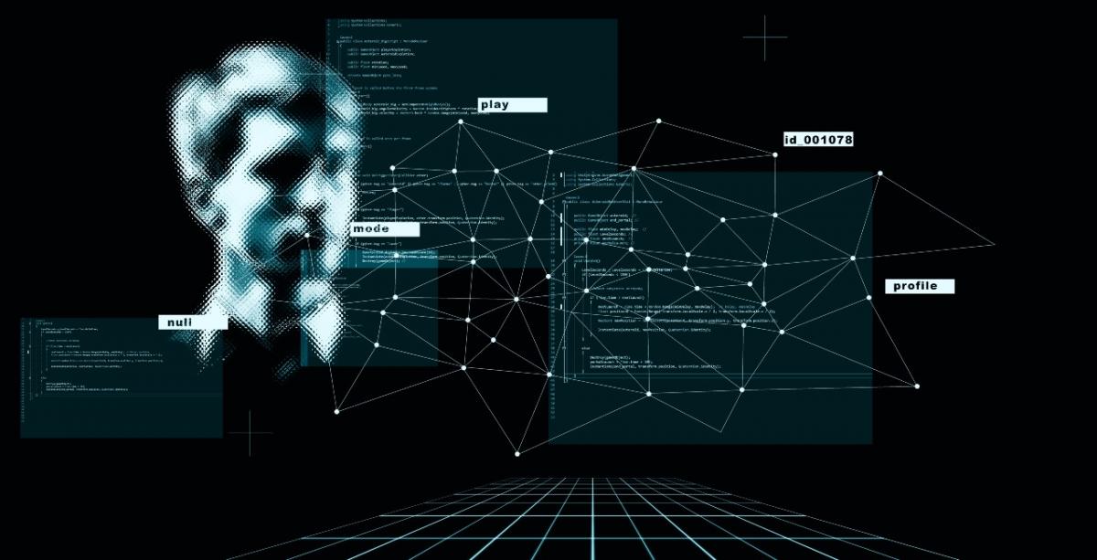 Computerized chart showing data pertaining to a personal digital profile with an illustrated man's face.