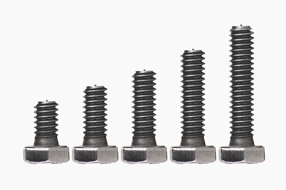 Set of bolts stacked in size order.