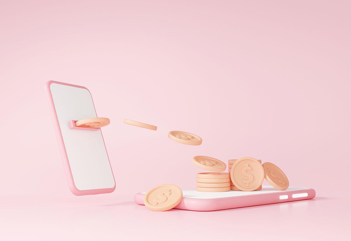 Illustration of mobile phone dispensing coins on top of another mobile phone.
